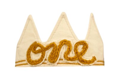First Trip Around the Sun Birthday Crown, Mustard Gold Crochet Writing on Off-White Background Adjustable First Birthday Hat - image1